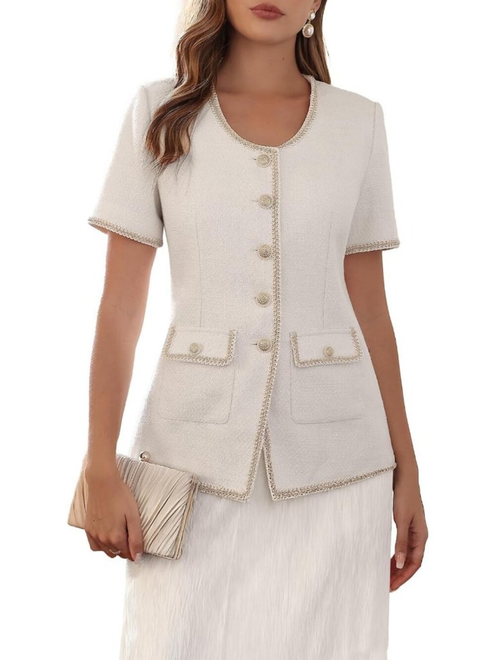 Chic Women's Tweed Blazer Jacket with Braid Trim - Perfect for Spring & Summer
